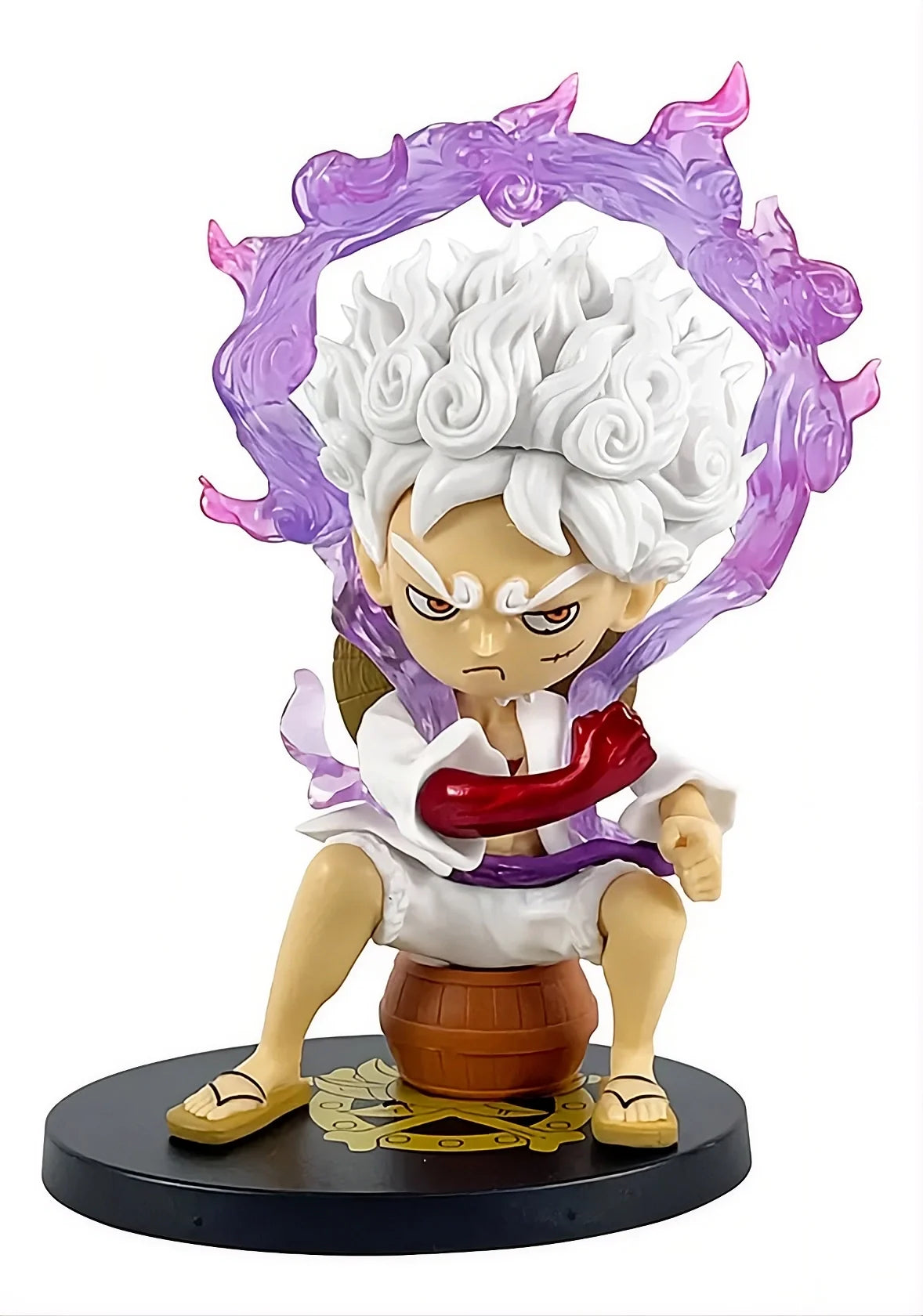 Gear 5 Luffy Sitting on Barrel Figure, 17cm Collectible Anime Statue with Purple Flame Effect and Base