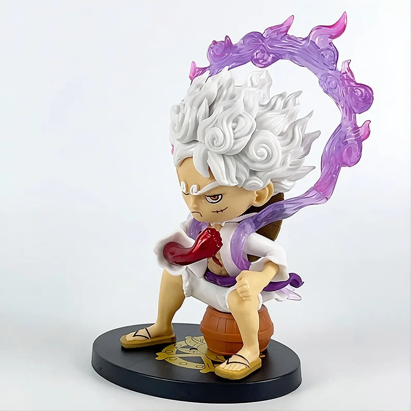 Gear 5 Luffy Sitting on Barrel Figure, 17cm Collectible Anime Statue with Purple Flame Effect and Base