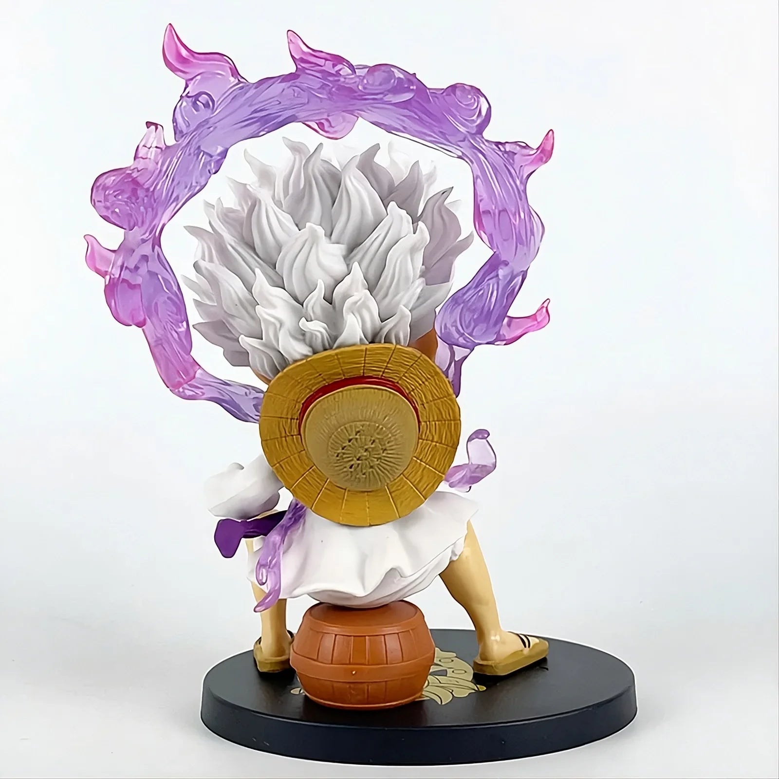 Gear 5 Luffy Sitting on Barrel Figure, 17cm Collectible Anime Statue with Purple Flame Effect and Base